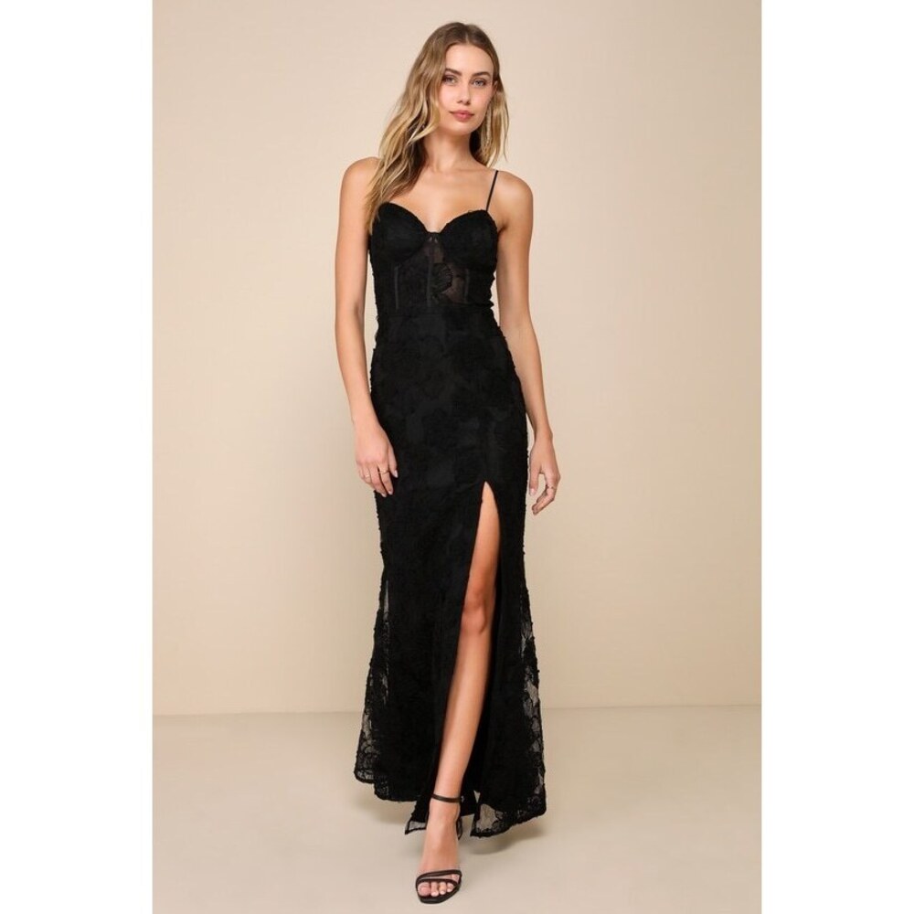 Lulus Sultry Direction Black Floral Lace Sheer Bustier Maxi Dress - Size S